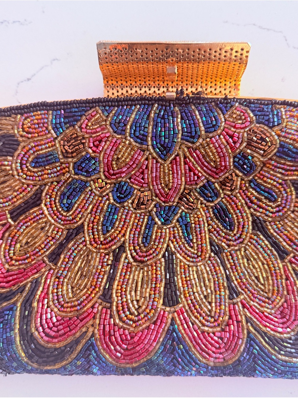 Vintage Beaded Peacock Evening Clutch Purse Art Deco Floral Bag Black Pink Gold - Picture 7 of 9